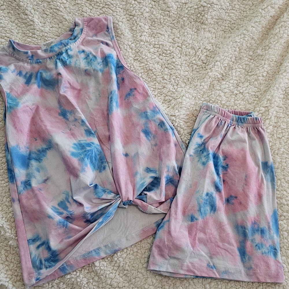 Pink and Blue Tie-Dye Sleeveless Top and Skirt Set